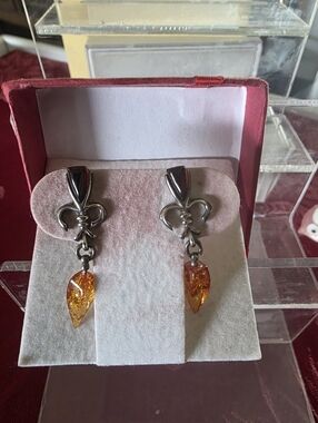 Sterling Silver Amber Drop Earrings - Orange Amber Teardrops